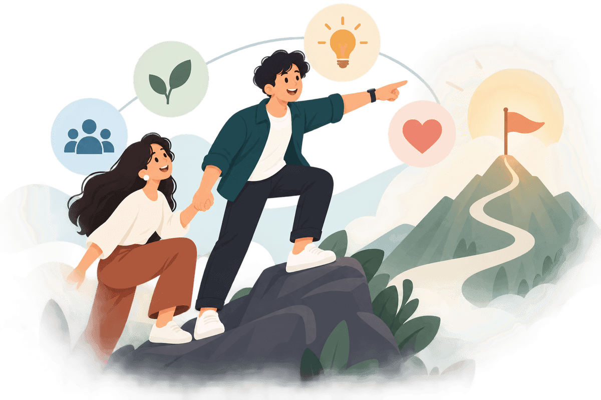 Two people climbing towards a goal together